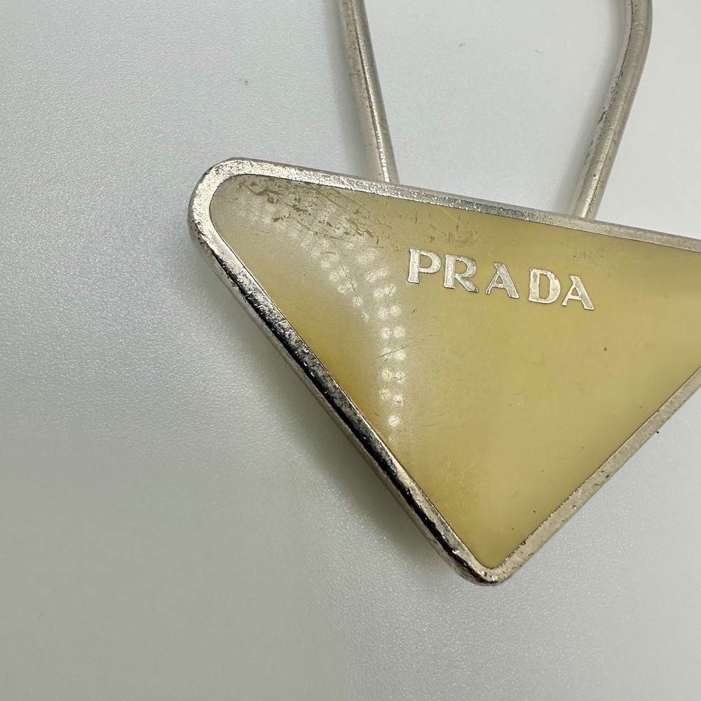 Authentic Prada Triangle Logo Key Ring Keychain Yellow Enamel Silver Tone - Picture 3 of 11